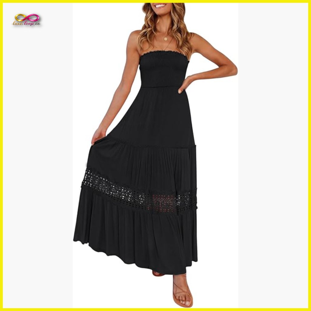 Boho Maxi Dress Strapless Lace Flowy A-Line Elegant Formal Beach Wear
